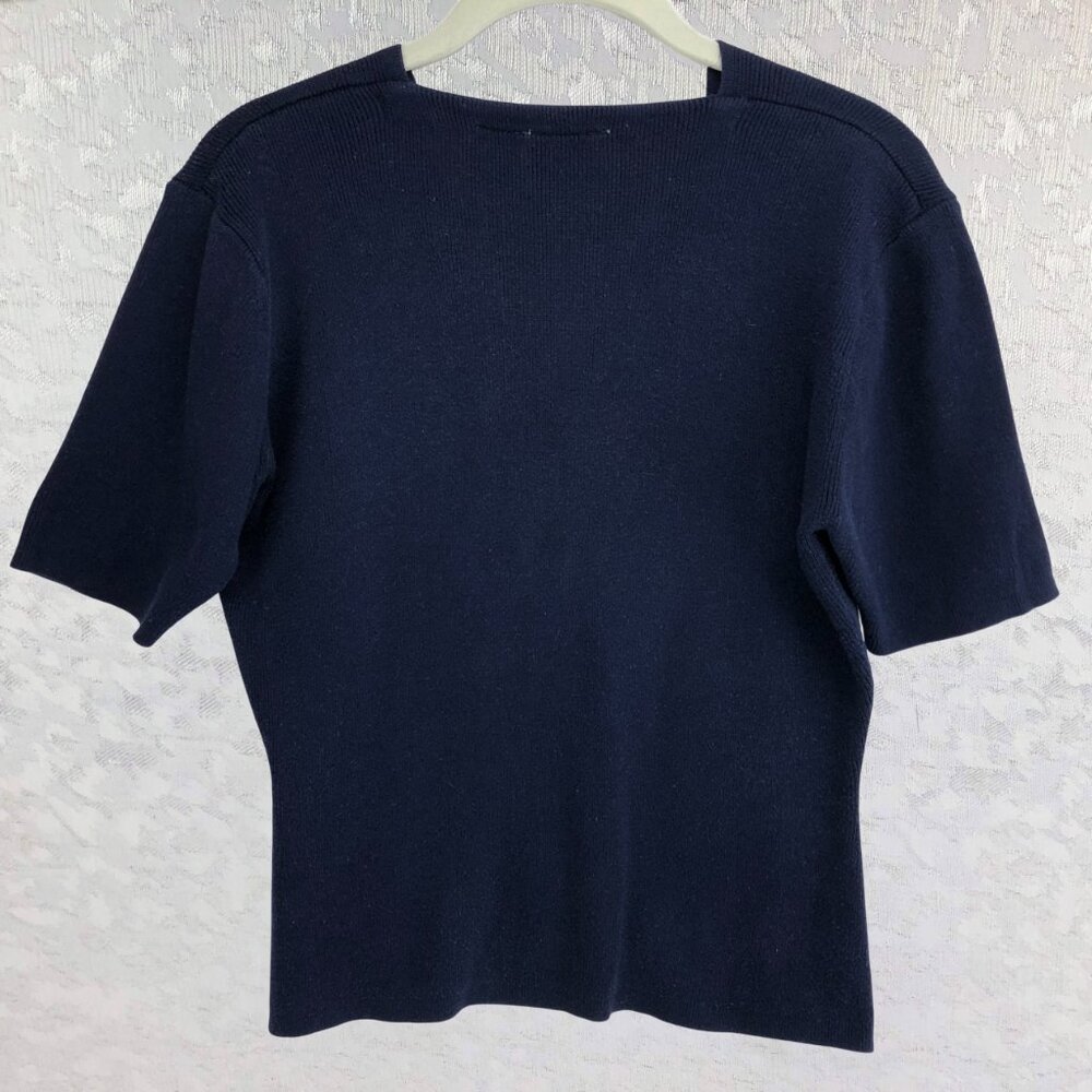 Hillard & Hanson Dark Blue Scalloped V-Neck Short Sleeve Cardigan Sweater Size M - Picture 2 of 10